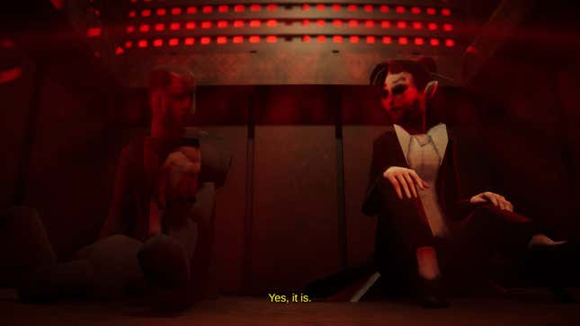 Ein Screenshot zeigt James und eine Frau, die sich in einem Aufzug unterhalten. 